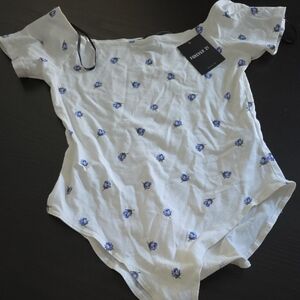 Forever 21 White Bodysuit with Blue Floral Design